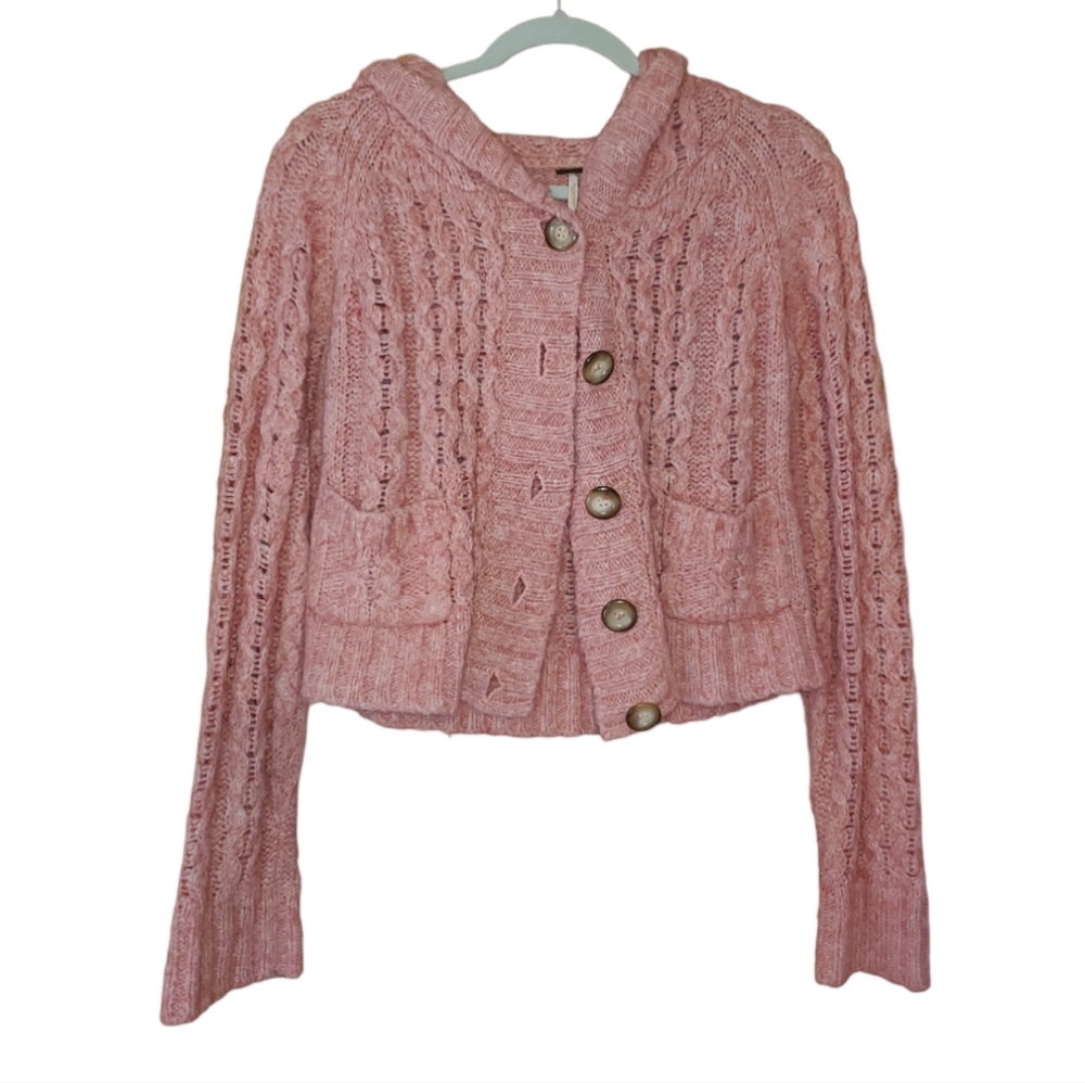 Free People Coral Chunky Knit Button-front Crop Hooded Boho Cardigan Sweater